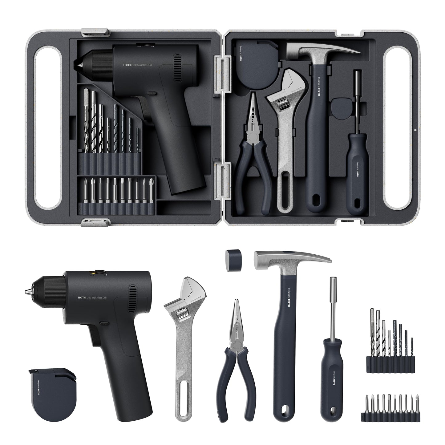 HOTO 25PCS Household Tool Kit with 16V Brushless Drill, 3/8” Keyless Chuck, Smart Display, 50 N·m Torque, 32 Torque Settings, LED Light, Includes Hammer, Wrench, Pliers, 8 x Drill Bits, 10 x Bits
