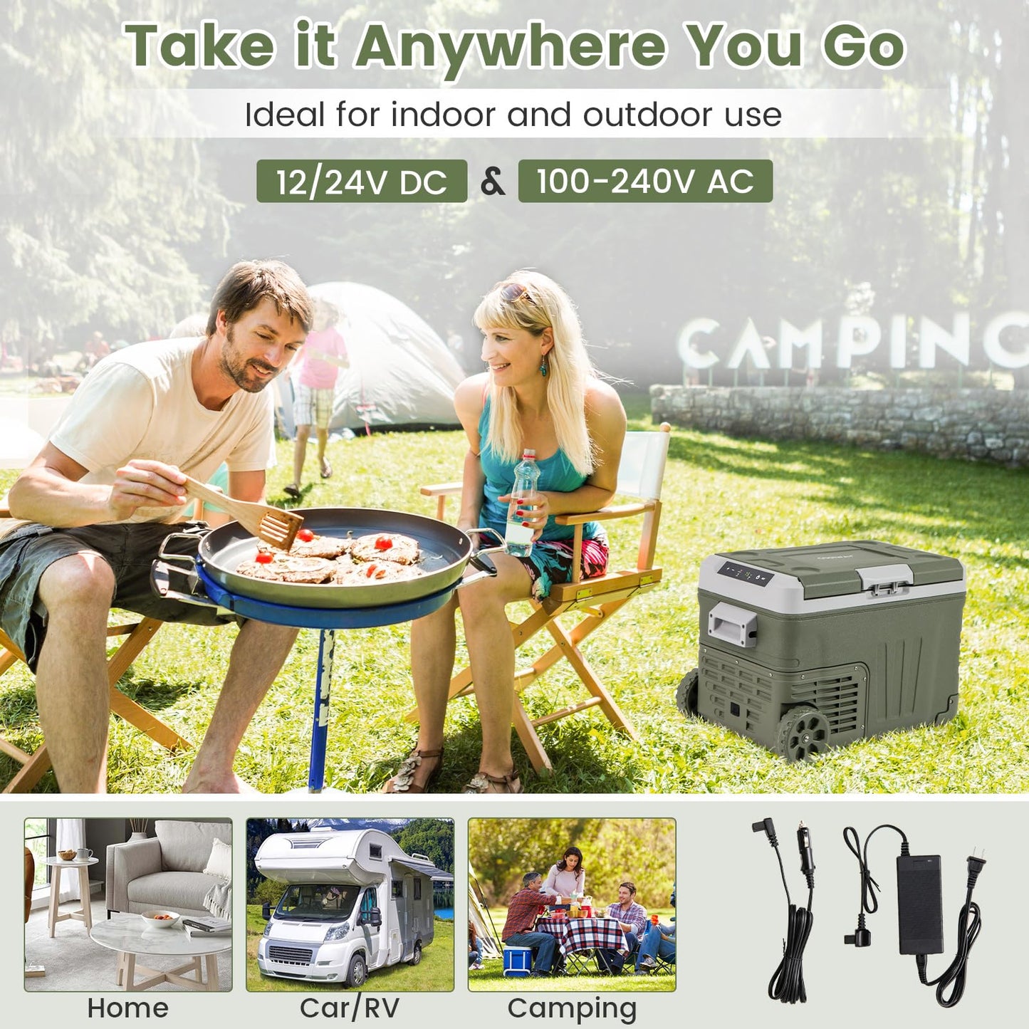 COSTWAY Car Refrigerator with Wheels, 37-Quart Electric Cooler, 12V/24V DC, 100-240V AC, -4°F To 68°F, Portable Car Fridge Freezer with Pull Handle & 2 Wheels for RV Camping, Black
