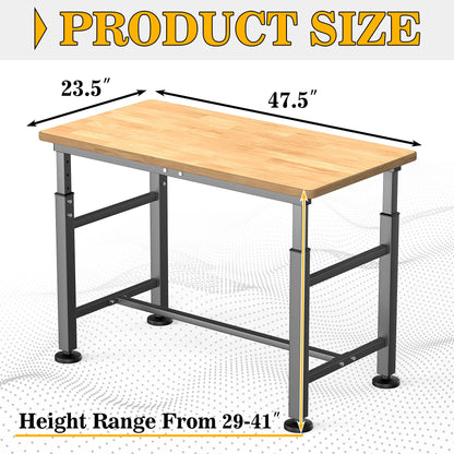 Ultrawall Workbench for Garage, 47.5" Adjustable Height Work Table, Heavy Duty Rubber Wood Workstation for Workshop, Office, Home, 2000 LBS Load Capacity