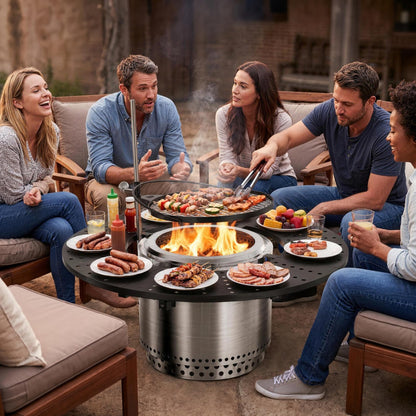 onlyfire Direct Mount Tabletop & Cooking Kit Combo for Solo Stove Bonfire 19.5 inch Fire Pit, 40" Round Heat-Resistant Surround Tray, Height-Adjustable Swivel BBQ Grate, Stainless Steel Griddle Plate