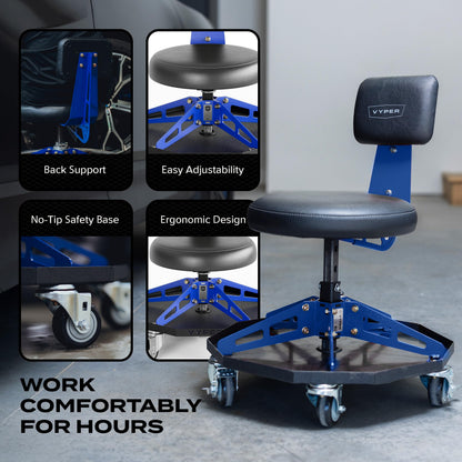 Vyper Robust Steel Sport Shop Chair for Mechanics, Automotive, DIY - 300 lb Capacity Garage Stool with Backrest & Large Wheels (Black Seat, Blue Frame)