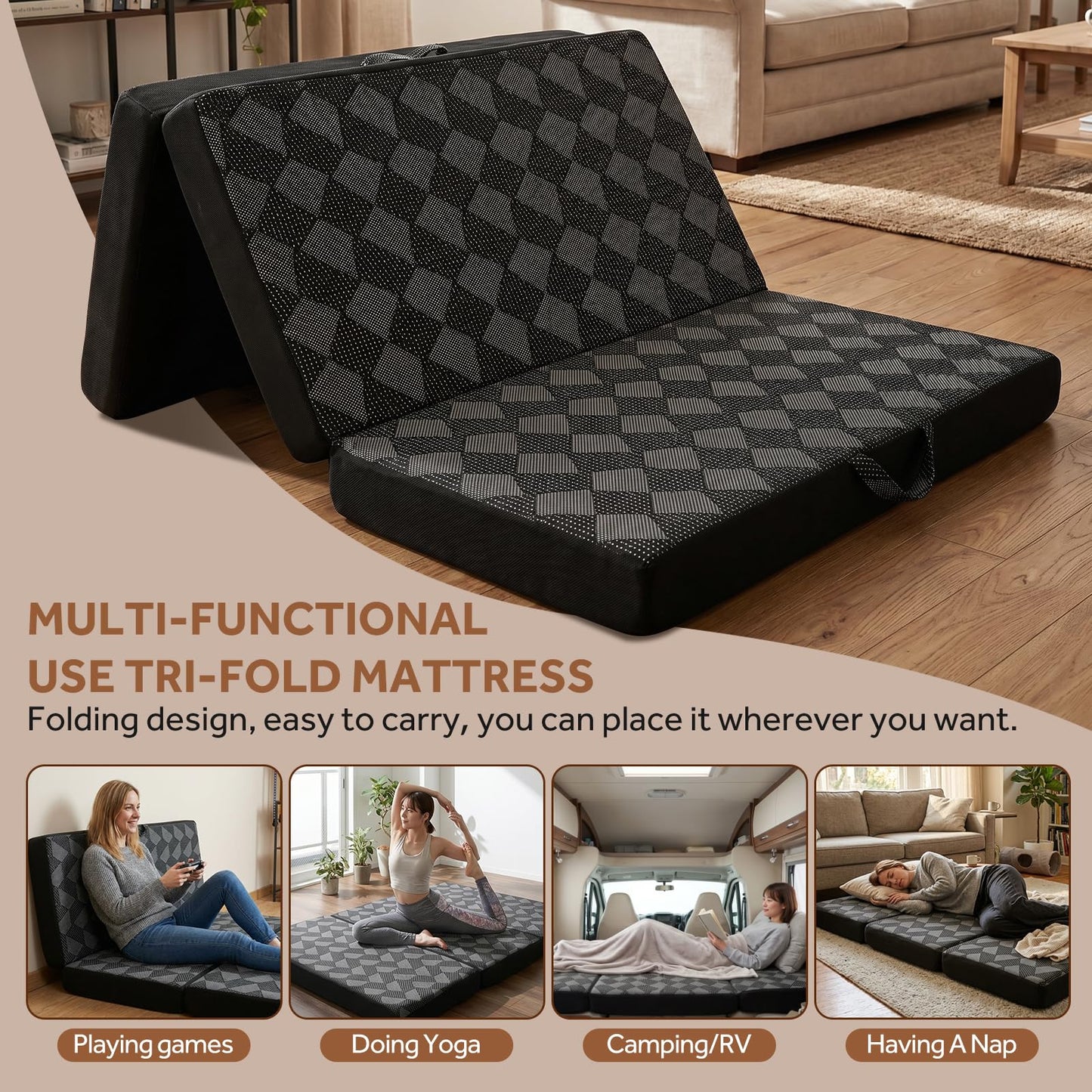 Tri Folding Mattress Twin Size - Memory Foam Tri-fold Mattress, Handle & Non-Slip Bottom, Portable Foldable Sofa Bed Floor Chair for Travel RV Camping Guest Yoga - 4 Inch, 75" 38"x4"