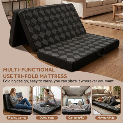 Tri Folding Mattress Twin Size - Memory Foam Tri-fold Mattress, Handle & Non-Slip Bottom, Portable Foldable Sofa Bed Floor Chair for Travel RV Camping Guest Yoga - 4 Inch, 75" 38"x4"