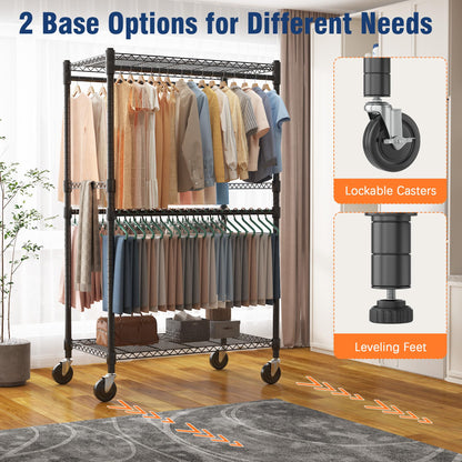 Homdox Heavy Duty Rolling Clothes Rack, Adjustable Clothing Rack for Hanging Clothes, Portable Closet Rack with 4 Hanging Rods, 2 Storage Shelves, 35.5" W x 20.5" D x 80" H, Black