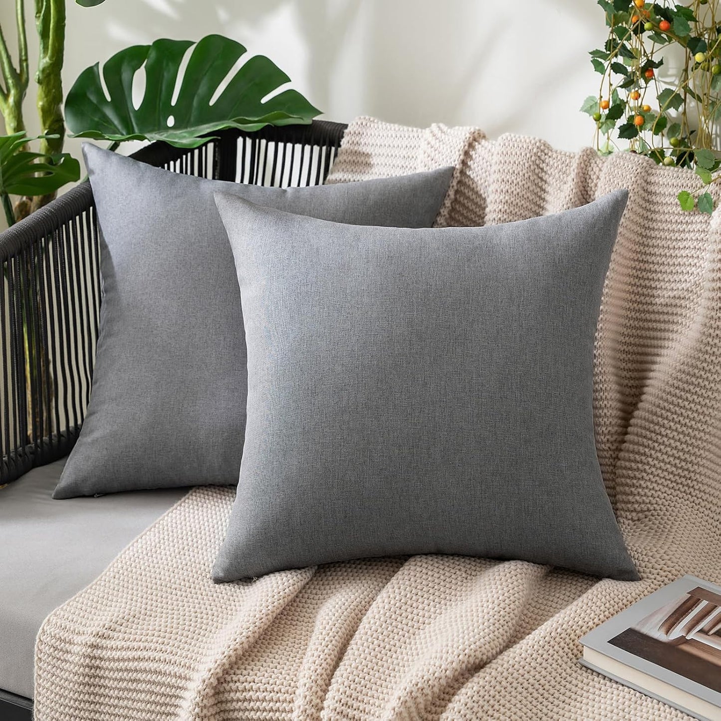MIULEE Decorative Outdoor Throw Pillow Covers - Waterproof Faux Linen Cushion Cases | 22x22 Inch Light Grey (Pack of 2)