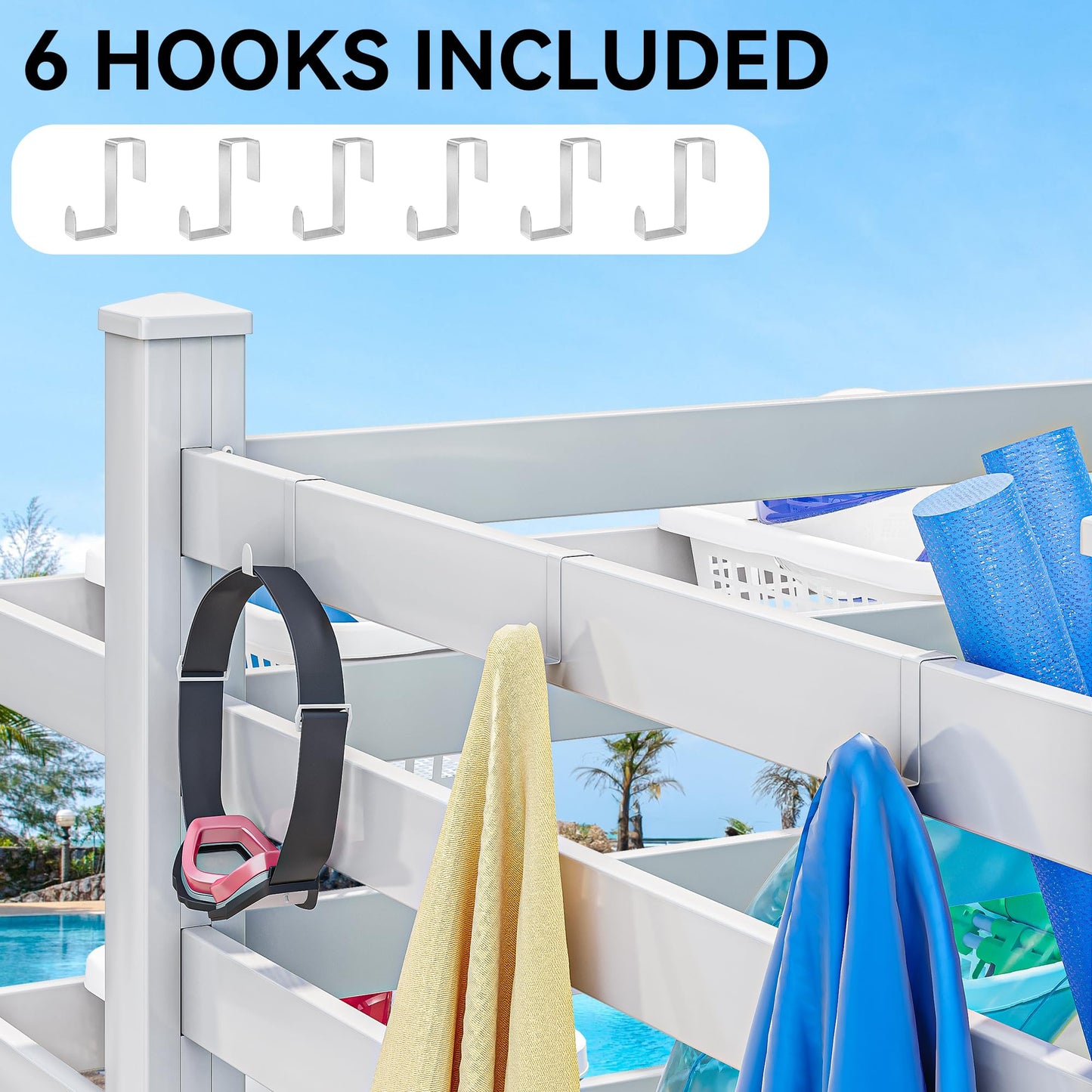 YITAHOME Pool Storage Bins with Towel Rack & 6 Moveable Hooks, Large Pool Noodle Holder Organizer, Outdoor Waterproof Poolside Float Storage for Goggles, Beach Balls, Floats Equipment