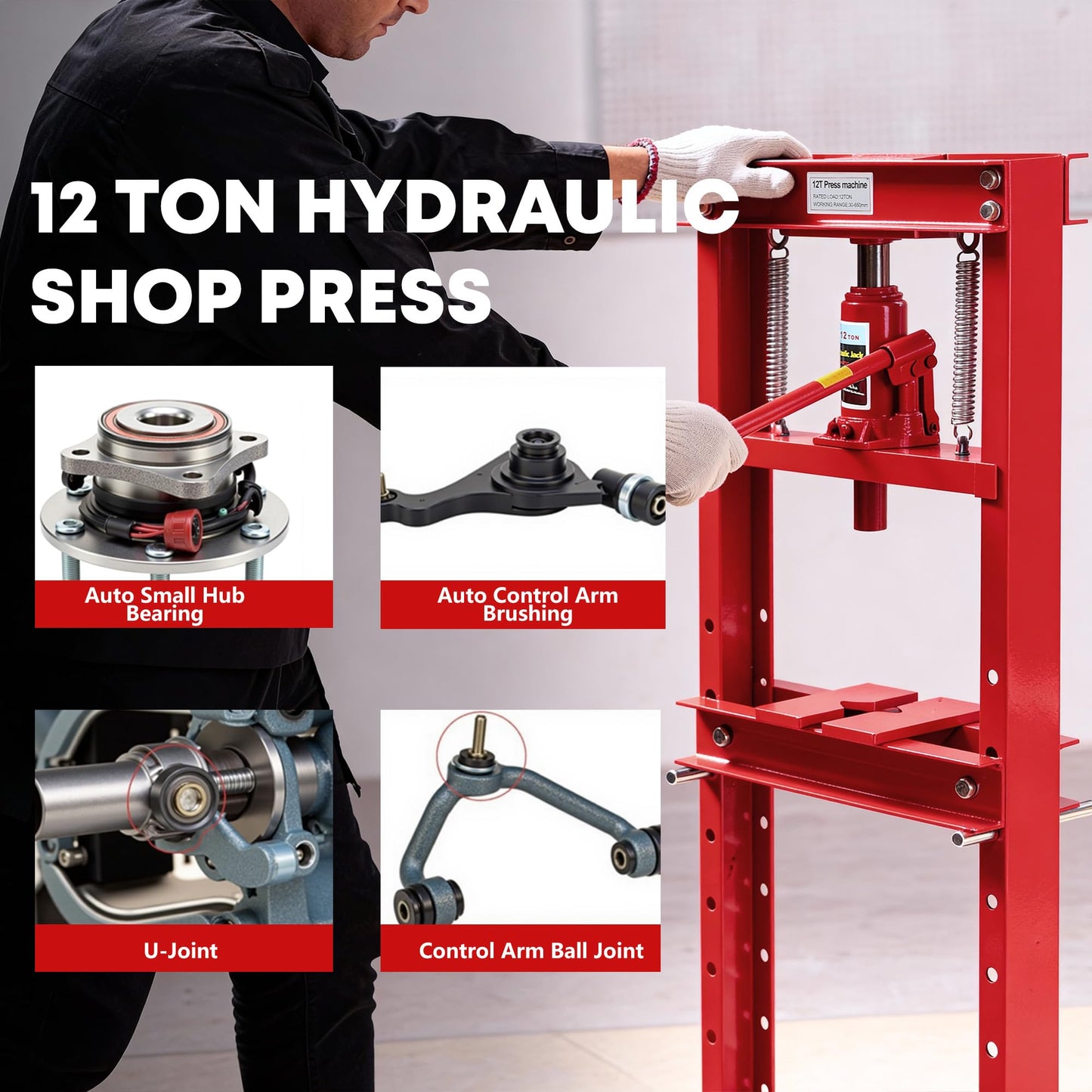 ExploreHorizon 12 Ton Hydraulic H-Frame Shop Press with Adjustable Table & Stamping Plates for Auto Repair, Garage Use, Metalworking, Red
