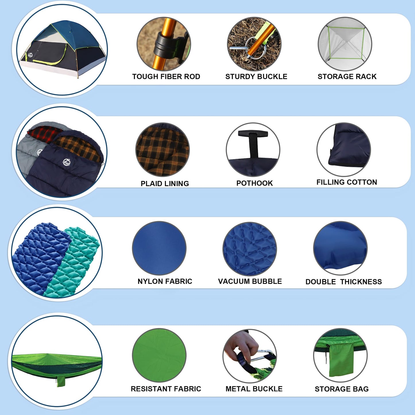 Northroad 9PCS Camping Tent Kit, Including 1 2/3 Person Dome Tent, 2 Sleeping Bag, 2 Sleeping Pad/Camping Mat, 2 Single Camping Hammock with 2 Tree Straps, 2 Lightweight Fuzzy Bed Blanket