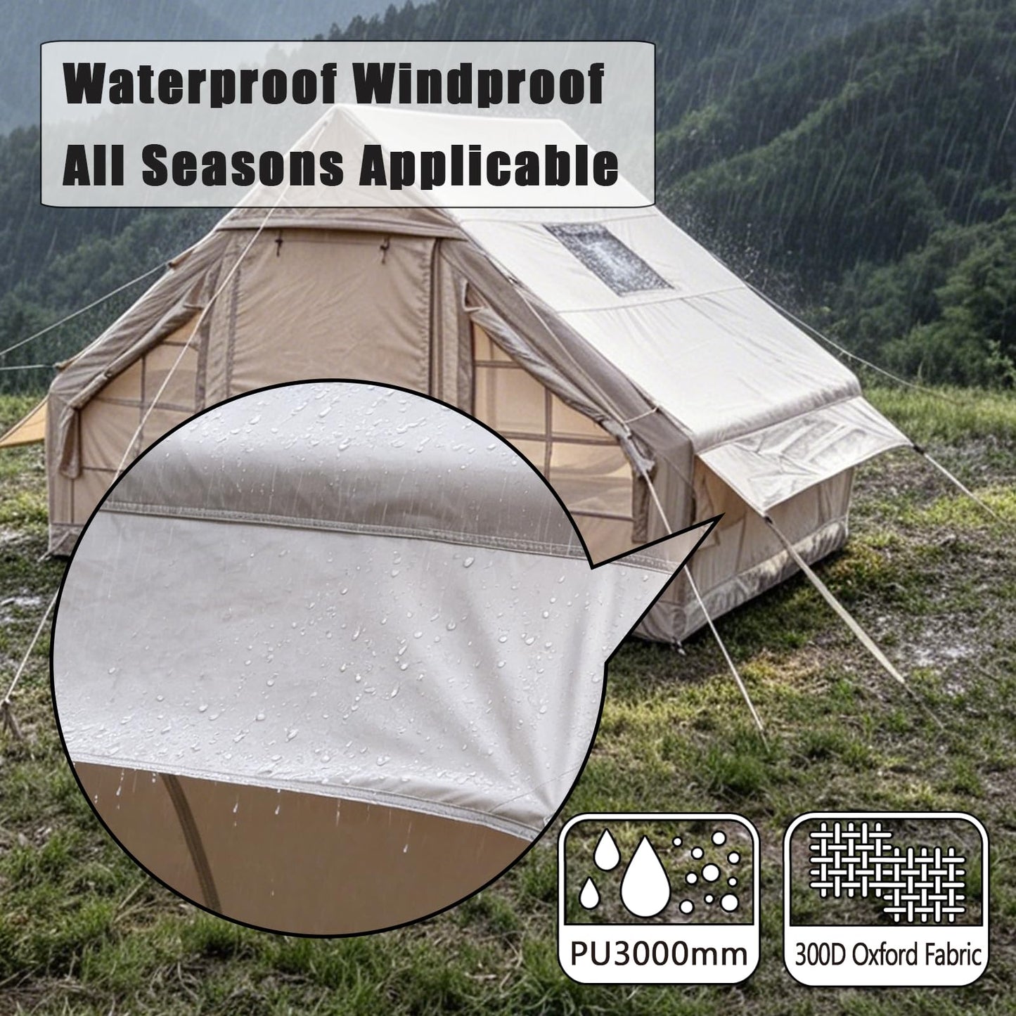 Inflatable Camping Tents with Hand Pump, Air Glamping Tents, Easy Setup Waterproof and Windproof Blow up Tent, 4 Seasons Oxford Cabin Tent with Mesh Window & Stove Jack. (9.8 * 6.9ft)