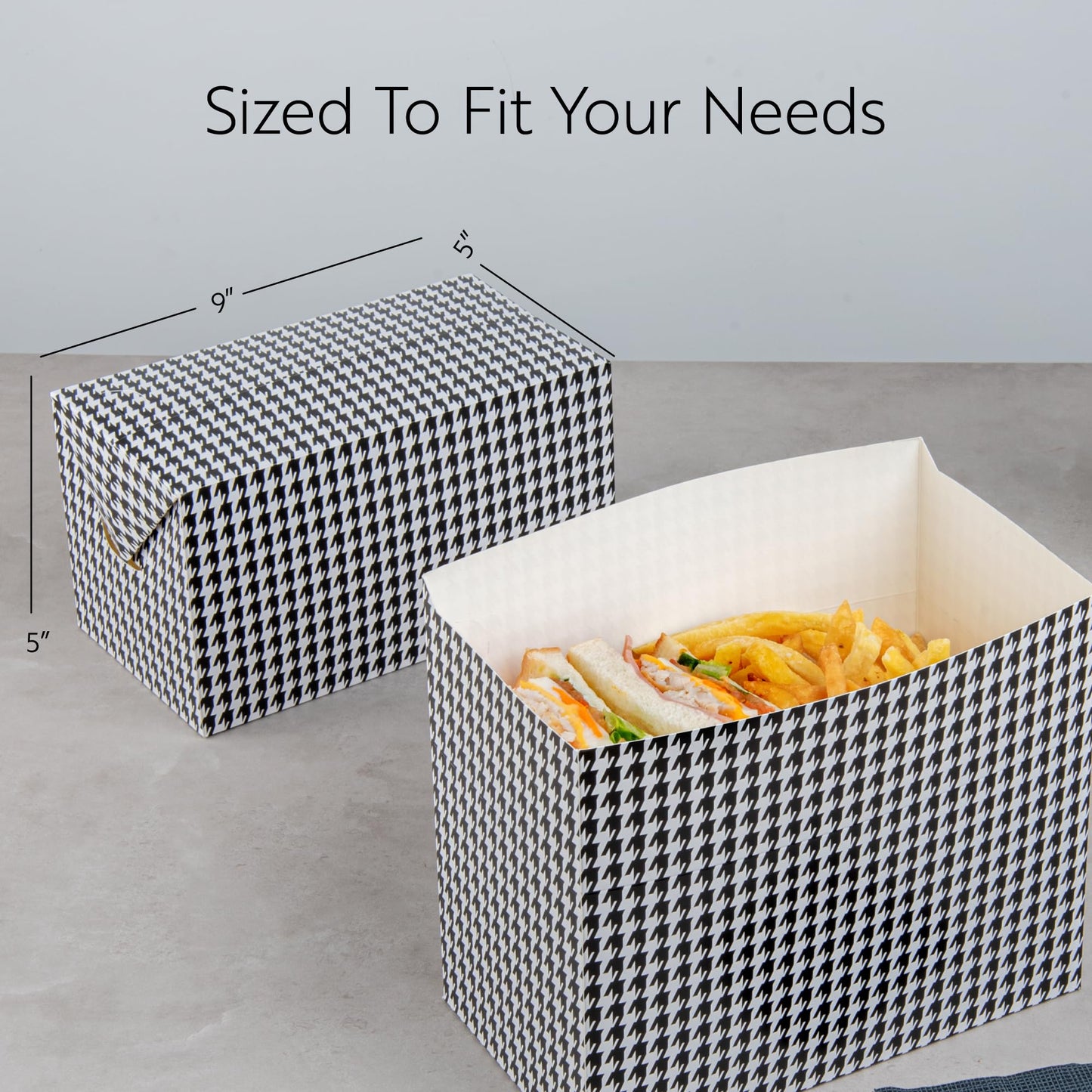 Restaurantware Bio Tek 80 Ounce To Go Boxes 400 Rectangle Take Out Food Containers - Fast Top Closure Disposable Black Houndstooth Paper Carry Out Containers For Burgers Or Fried Chicken