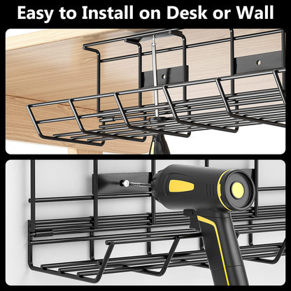2 Pack DELAMU Under Desk Cable Management Tray, Metal Cord Cable Organizer for Desk, Easy Install Pre-drilled Wire Management Wire Organizer for Office & Home