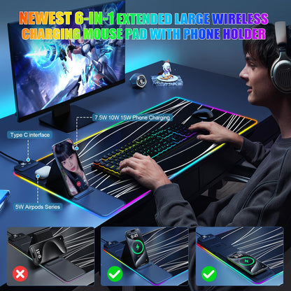 Mouse Pad with Wireless Charging, Large Desk Mat RGB Gaming Mousepad, 10 Light Colors LED Gaming Pad Keyboard Pad with Ultra-Smooth Surface & Non-Slip Rubber Base, Waterproof Full Desk Mouse Pad