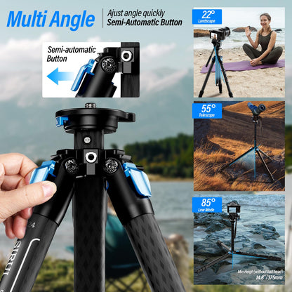 SIRUI AM-124 Carbon Fiber Tripod with AM-5VX Fluid Head, 65.6“ Compact Video Camera Tripod for Travel, Triangular Center Column, Side Loading QR Plate, Waterproof Twist Lock, Loads 6.6lbs