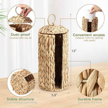 Wicker Waste Basket - Handwoven Water Hyacinth Trash Can with Lid | 2.5 Gal Rustic Decor for Home