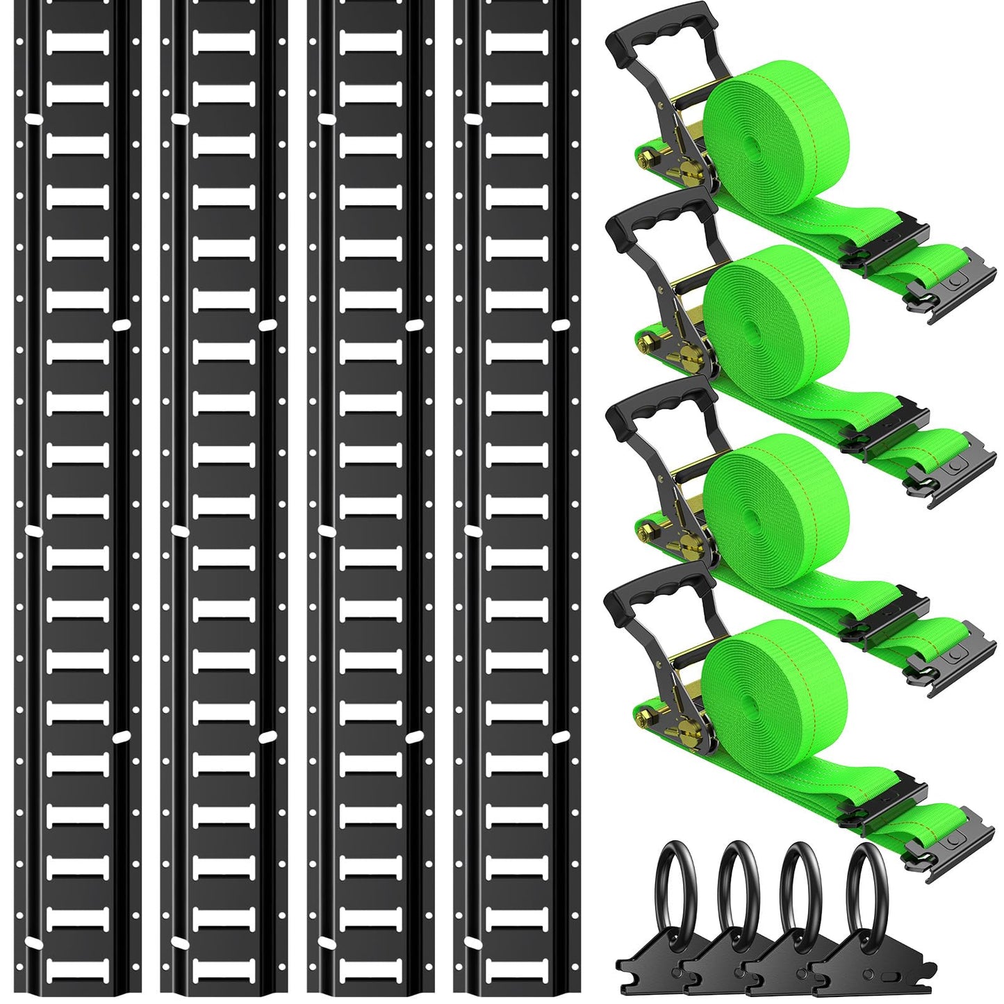 Trekassy 8ft E Track Rail Kit with 4 Ratchet Straps & 4 O-Rings, Heavy-Duty Powder-Coat Black 8' Etrack(4Pack, 48 Slots/Rail) for Vans, Trucks, Garages, Trailer Tie Down System