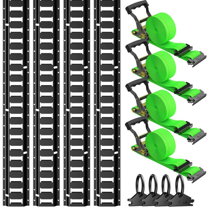 Trekassy 8ft E Track Rail Kit with 4 Ratchet Straps & 4 O-Rings, Heavy-Duty Powder-Coat Black 8' Etrack(4Pack, 48 Slots/Rail) for Vans, Trucks, Garages, Trailer Tie Down System