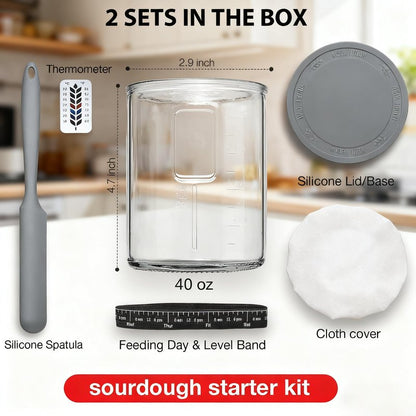 2 Pack Premium Pro Sourdough Starter Jar Kit - 40oz Large Wide Mouth Sourdough Bread Jar with Marked Feeding Band, Thermometer, Scraper, Cloth Cover & Silicone Lid/Base, Glass Container, Baking Supply
