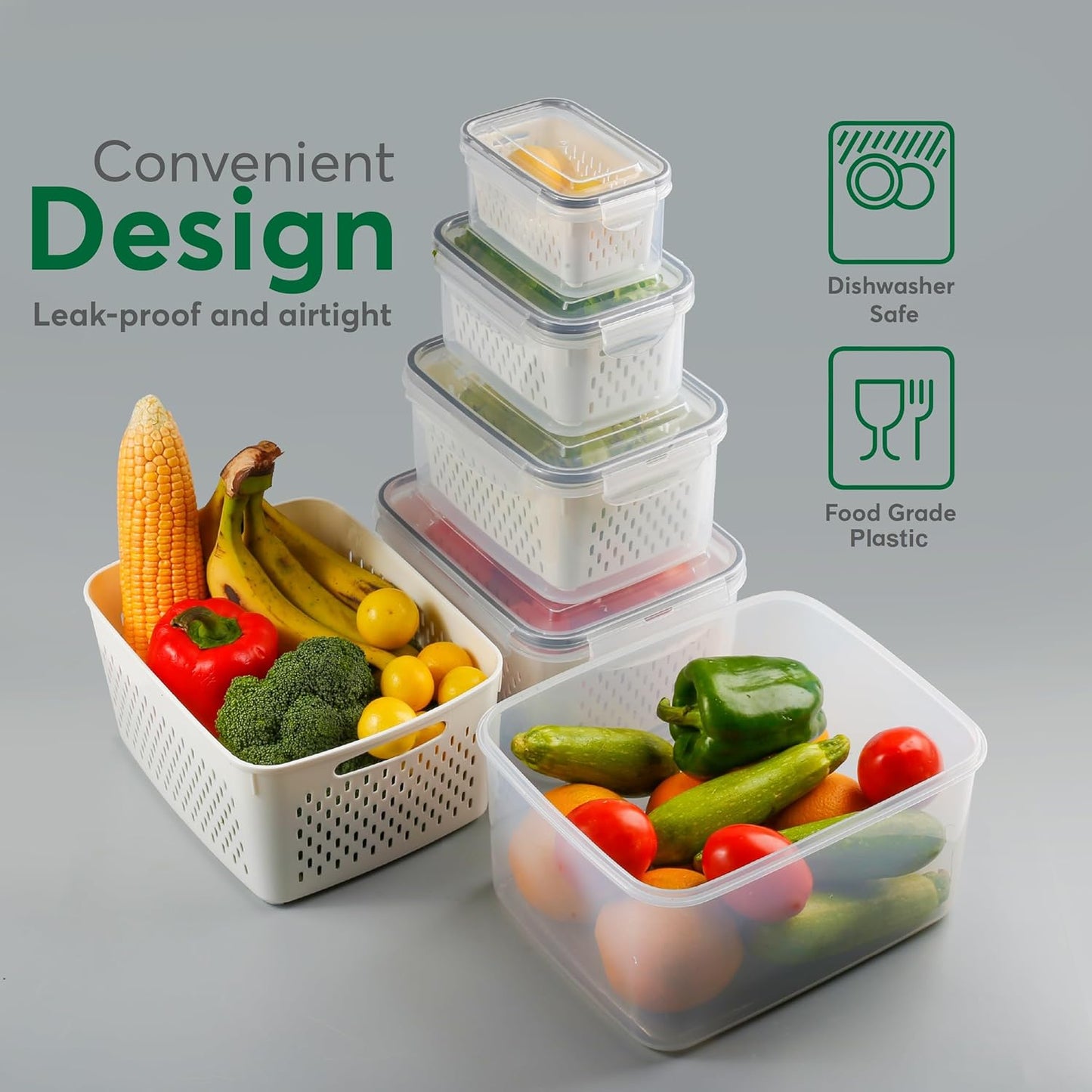 Skiennix Fruit Storage Containers - 5 Set BPA-Free Plastic with Colanders | Dishwasher Safe & Leakproof