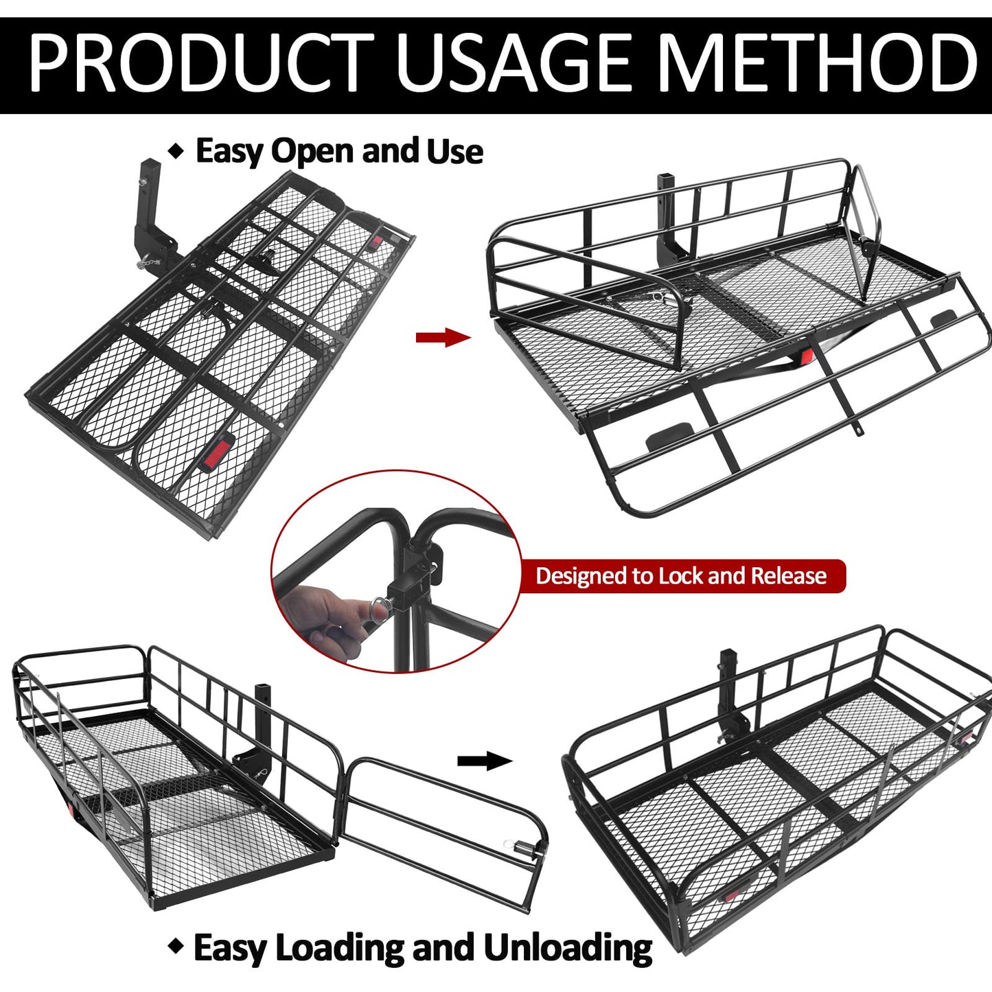 Carivia Folding Hitch Mount Cargo Carrier 60" x 24" x 14" 510 LB Capacity Heavy Duty Cargo Rack Rear Luggage Basket Fits 2" Receiver for Car SUV Pickup Trailer Camping