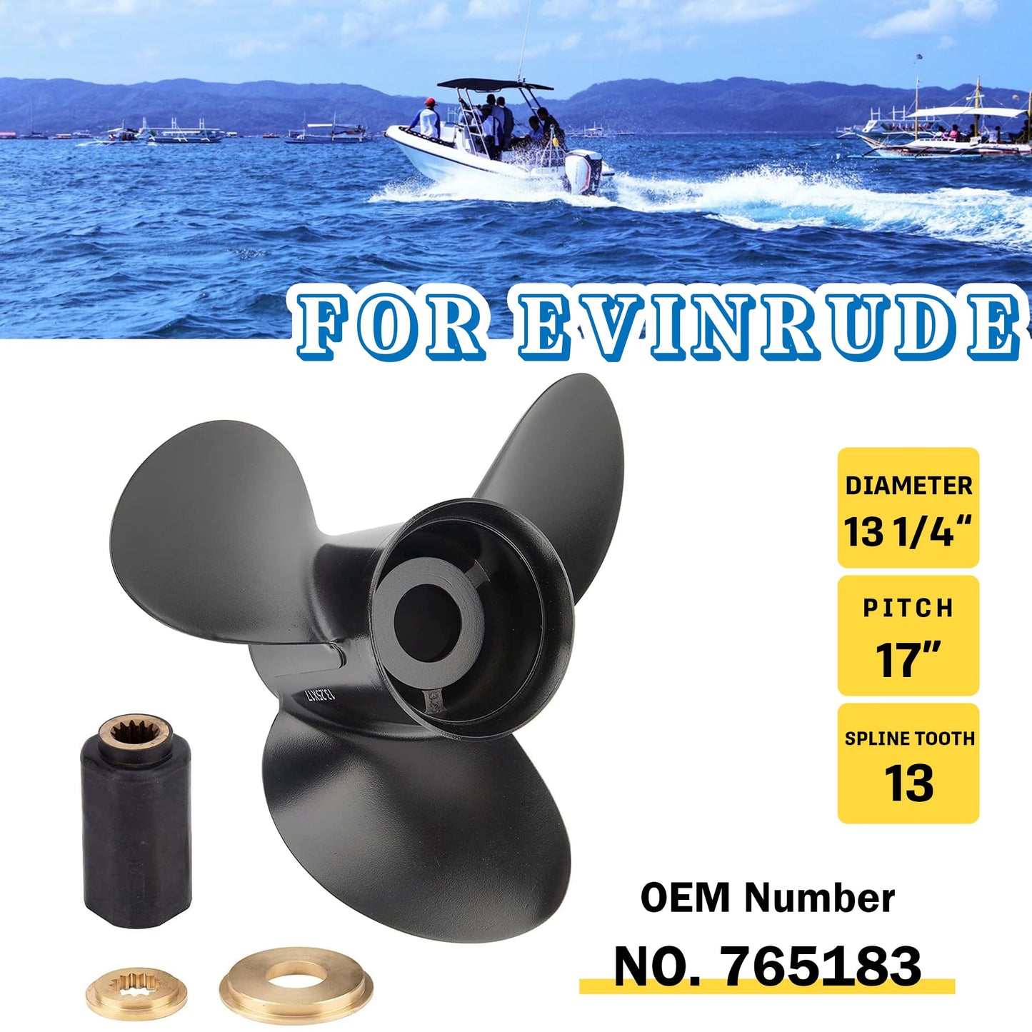 MiBarco 13 1/4x17 Upgrade Aluminum Boat Propeller for BRP,Johnson,Evinrude,OMC Stern Drive 40-140HP 13 Spline 13.25Diax 17Pitch Replace OEM 765183 Rh(Hub Kits Included)