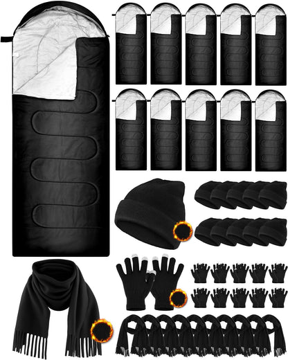 Tranqun 40 Pcs Sleeping Bags for Adult Bulk with Winter Beanie Hat Touch Screen Gloves Scarves, Waterproof Cotton Liner Cold Weather Sleeping Bag for Homeless Camping Indoor Outdoor(Black)