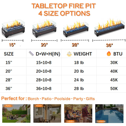 GRISUN Tabletop Fire Pit,36 Inch Propane Fire Pit Table,50000 BTU Table Top Firepit with Glass Wind Guard,Stainless Steel Burner,Fire Glass,Portable Propane fire Pit for Patio, Camping, Backyard & RV