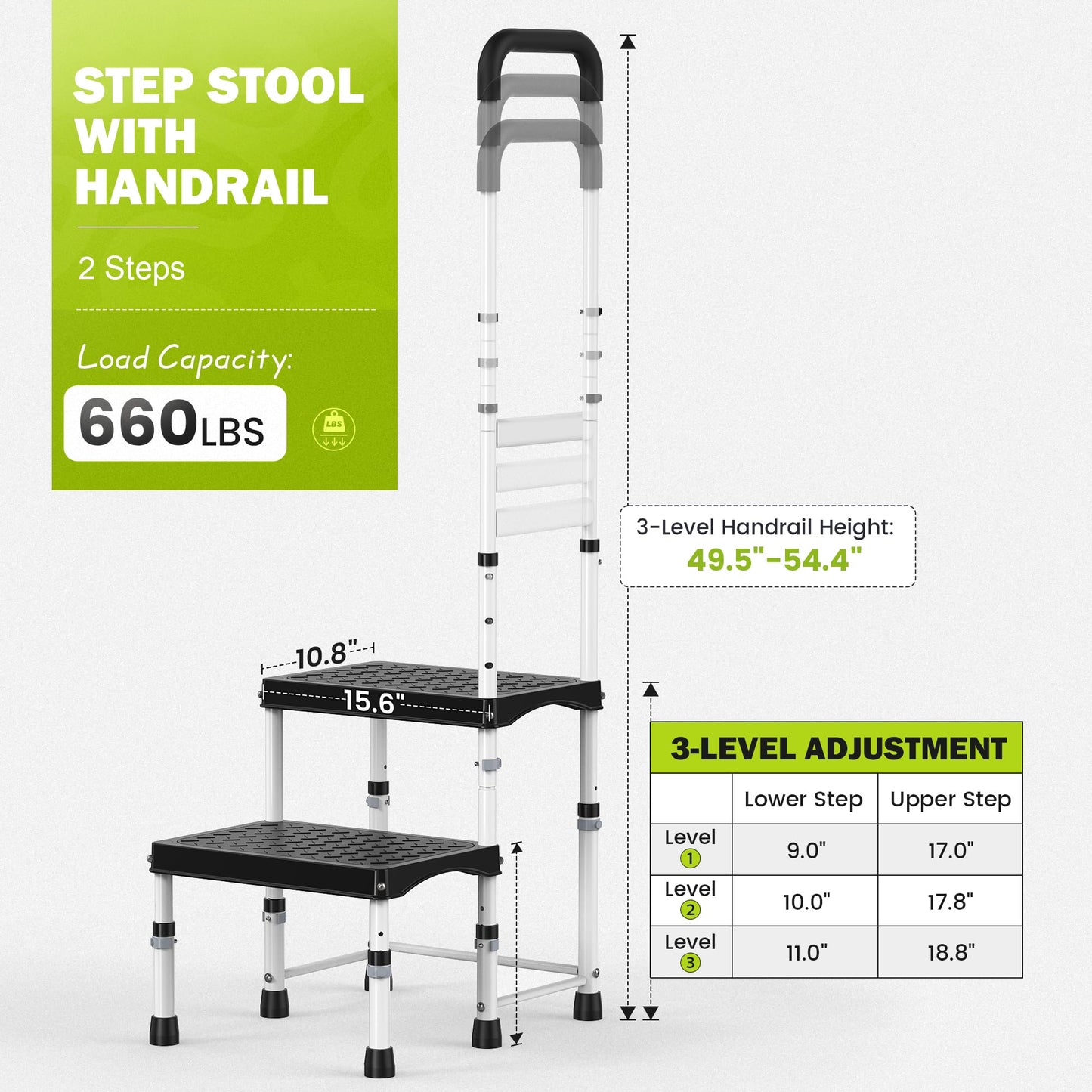 DEPSUNNY RV Step Stool with Handle for Elderly,2 Step Ladder with Handrail, Reinforced PP Wide Platform, Adjustable Height, Portable Stairs for Hot Tub/Camper/Mobile Home/Porch/SPA Pool/Pet Stairs
