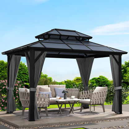 GAOMON 10'x13' Hardtop Gazebo, Outdoor Polycarbonate Double Roof Canopy, Aluminum Frame Permanent Pavilion with Curtains and Netting, Sunshade for Garden, Patio, Lawns (Gray)
