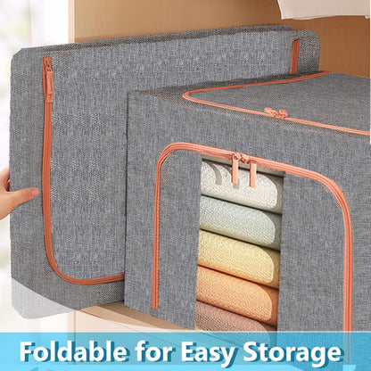 SWEERI Extra Large Clothes Storage Bins with Metal Frame, Foldable Organizer for Home Organization, 2-Way Zipper, Clear Window Storage Bags for Clothes, Bedding, Seasonal Storage, 100L x 3Pack