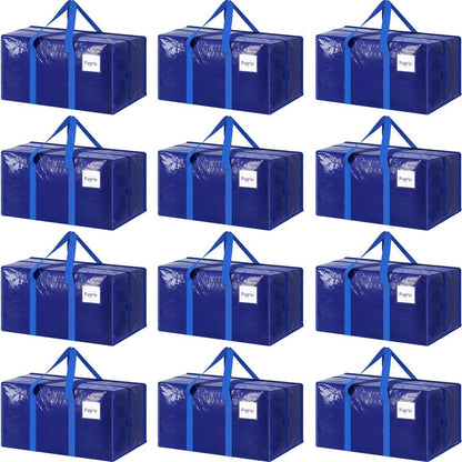 12 Pack Extra Heavy Duty Large Moving Bags with Strong Zipper & Comfortable Handles, Sturdy & Durable Clothes Storage Bags Totes Bins, Packing Moving Boxes for College Supplies, Blue