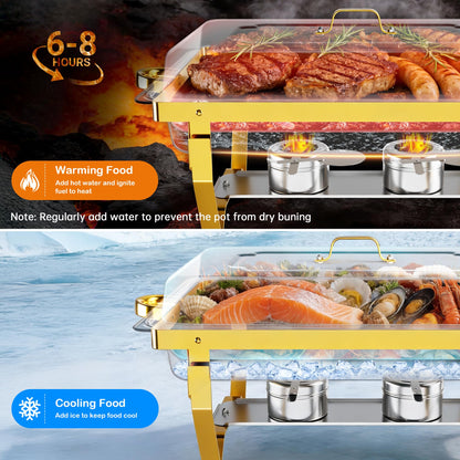 IMXSUMDA 6 Pack Chafing Dish Buffet Complete Set, 9.5QT Large Rolled Edge Stainless Steel Food Warmer with Foldable Frame, Water Pan & Fuel Holder, Elegant Gold & Silver for Party, Wedding, Catering