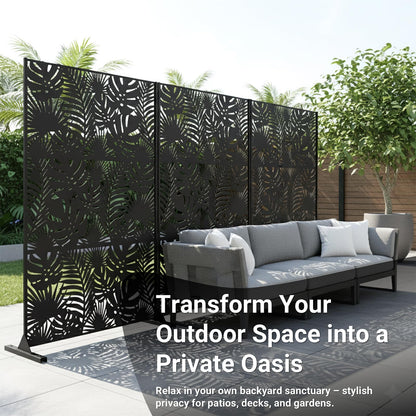 Metal Privacy Screen Outdoor – 72in Decorative Laser Cut Steel Garden Divider Panel with Tropical Leaf Design, Weatherproof Freestanding Modern Privacy Fence for Patio, Deck, Backyard & Balcony