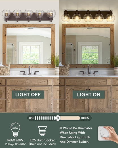 METWET 5-Light Bathroom Vanity Light Fixtures, Oil-Rubbed Bronze, Globe Clear Glass Shade, Model VL195-ORB-5, 32 Inch Modern Sconces