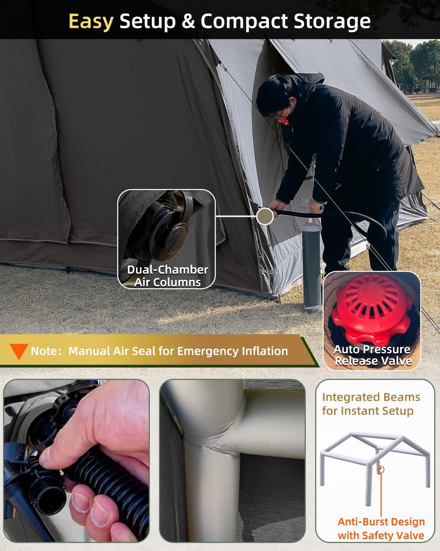 Inflatable Camping Tent for 2-4 Person, TC Cotton Canvas Blow Up Tent with Skylight & Stove Jack, 5-Minute Quick Setup Air Tent, 10.2' x 8' x 7' Glamping Tent for Family Camping, Festivals & Outdoors