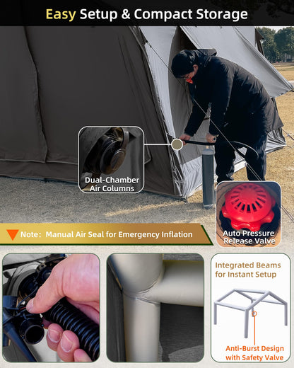 Inflatable Camping Tent for 2-4 Person, TC Cotton Canvas Blow Up Tent with Skylight & Stove Jack, 5-Minute Quick Setup Air Tent, 10.2' x 8' x 7' Glamping Tent for Family Camping, Festivals & Outdoors