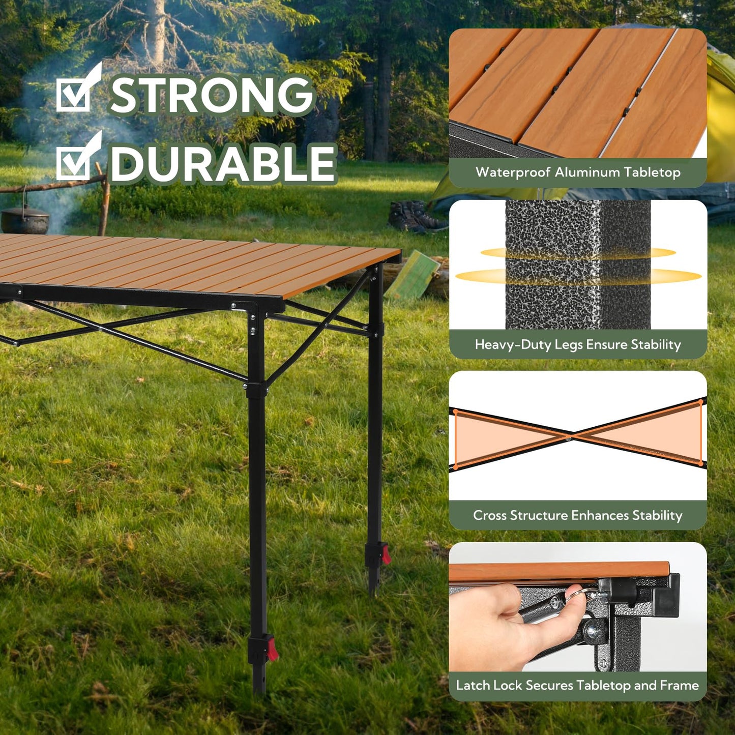 Join Nature Portable Outdoor Adjustable Height Camping Table, Large for 2-6 Person, Foldable Roll-up Aluminum Camp Table with Carry Bag for Picnic, Camp, Sturdy, Stable, Loads 220 Lbs