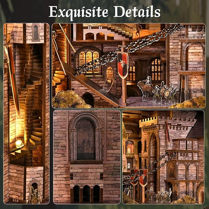 Book Nook Kit DIY Doll House Booknook Miniature Kit for Bookshelf Doll Houses for Adults Teen Halloween 3D Wooden Puzzle Bookends with Led Light and Dust Cover (Robin Hood)