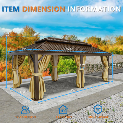 HOTEEL 12x20 Hardtop Gazebo on Clearance with Metal Roof & Gutter, Heavy Duty Galvanized Steel Patio Gazebo with Aluminum Frame, Privacy Curtains and Netting, for All-Weather, Brown (2026 Upgraded)