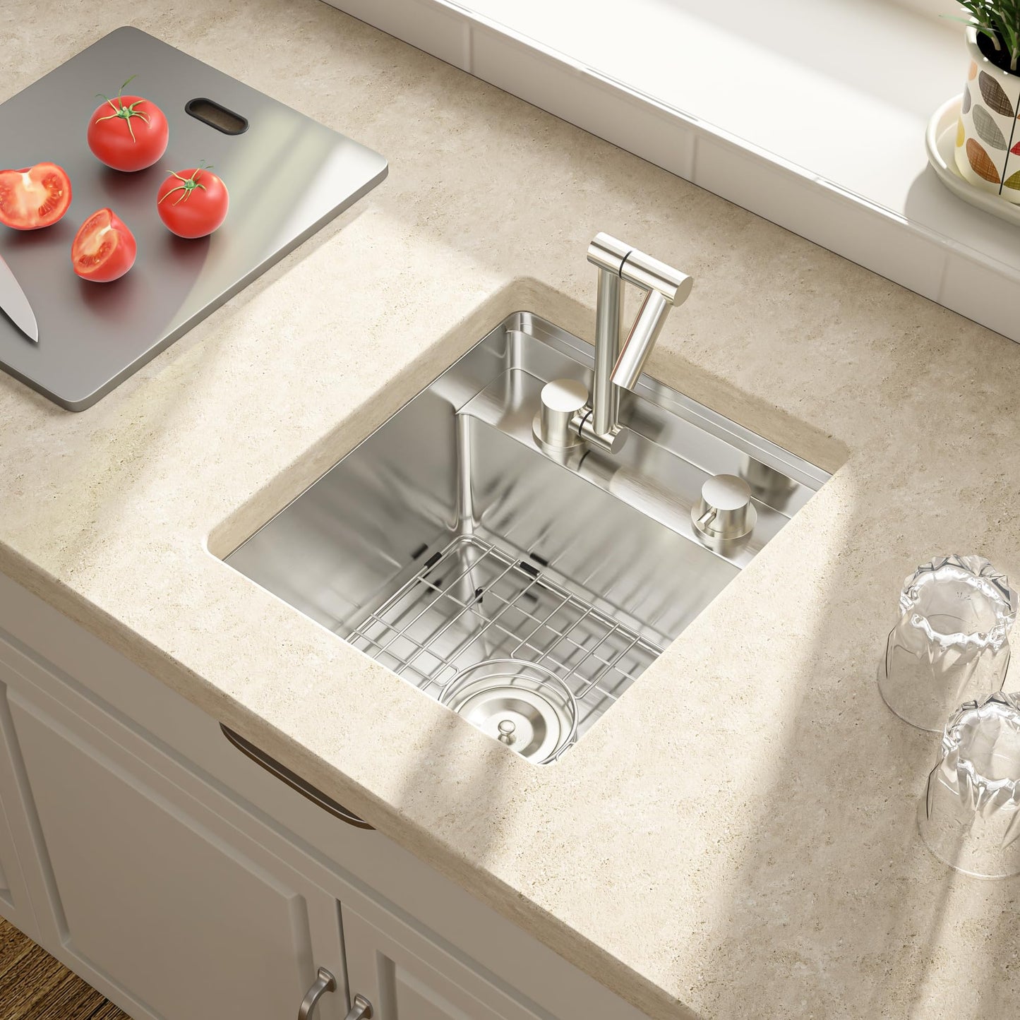 Lordear 15x17 Indoor Outdoor Kitchen Sink with Foldable Faucet Samll Bar Prep 16 Gauge T304 Stainless Steel Single Bowl Basin for Island Camper Wet Bar Prep Mobile Home
