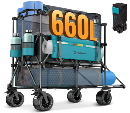 FUNDANGO Double Decker Wagon with High Extender & Tailgate, 660L XXL Foldable Collapsible Double Wagons, Heavy Duty Grocery Cart with All-Terrain Wheels for Camping, Baseball/Softball Gear, Home