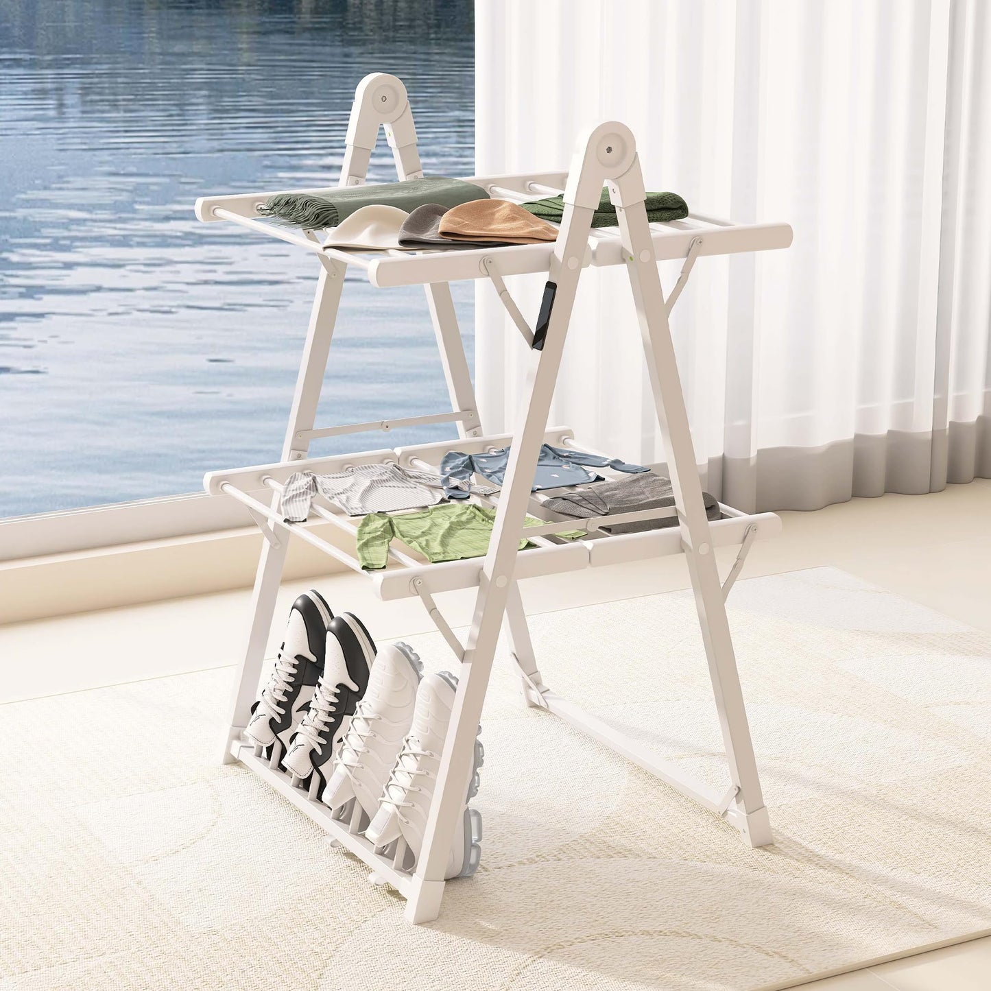 SHARNDY Electric Heated Clothes Drying Rack,Foldable Heated Garment Dryer with Timer Shut-Off Laundry Rack for Clothes Shoes Socks,Aluminum Alloy,White,Plug & Play,(39.37x25.98x23.82in)