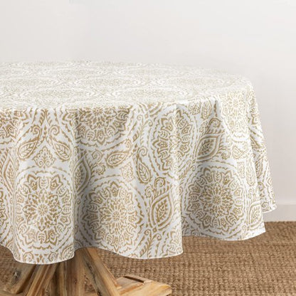 Elrene Home Fashions Savannah Boho Paisley Water- and Stain-Resistant Vinyl Tablecloth with Flannel Backing, 60 Inches X 84 Inches, Oval, Taupe