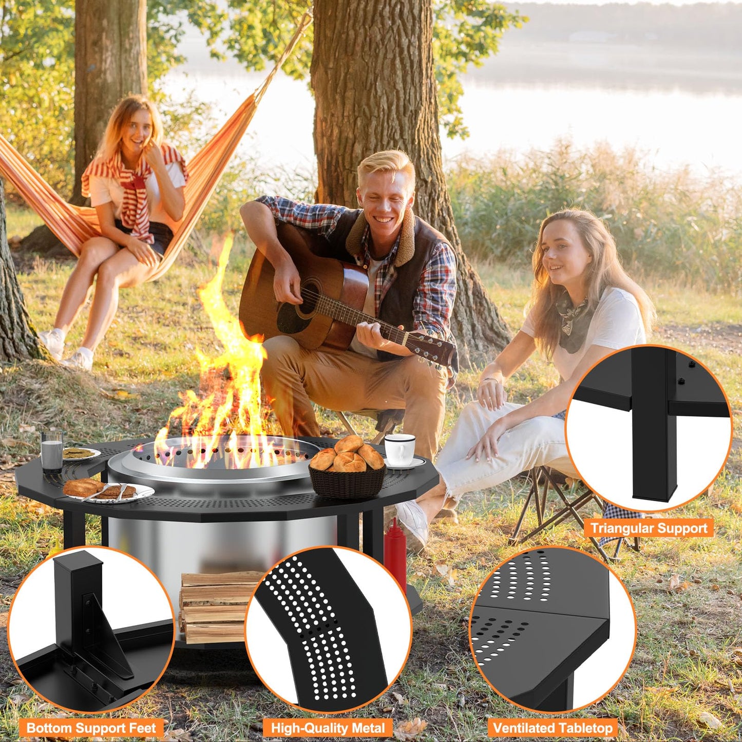 Fire Pit Surround Tabletop for Solo Stove Yukon, Bonfire, Tiki, Outdoor Smokeless Fire Pit Table for Wood Burning Fire Pits, Powder-Coated Steel Stove Table Surround with Cover for Solo Stove