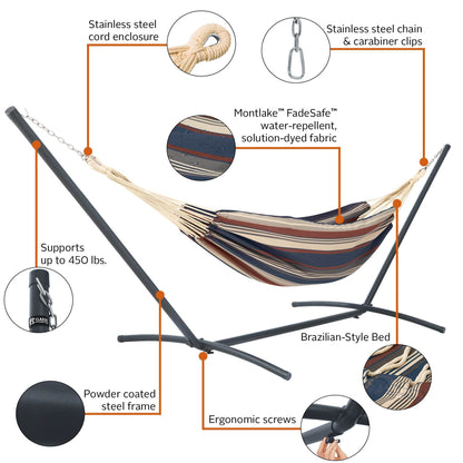 Classic Accessories Montlake Fadesafe Brazilian Hammock with Steel Stand, Heather Indigo Blue Multi-Stripe