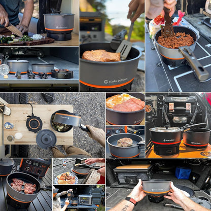 Stoke Voltaics Nomad Cooking System with Bag, Electric Camping Stove 200-1000W with Pan & Pot, 120V Portable Outdoor Cooking Gear Set, Windproof Cookware for RV, EV, Overland, Vanlife, Car Camping