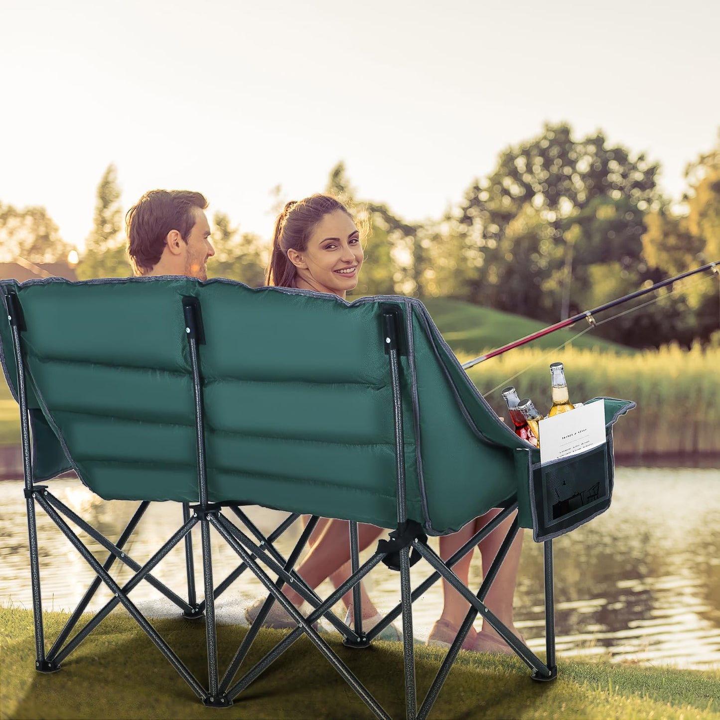 Nice C Double Padded Camping Chair, Oversized Loveseat Camping Chair, Outdoor Camping Couch for Adults, Folding Bench, Lawn Chairs, Extra Padded, with Cup Holder, Cooler Bag, Bottle Opener (Green)