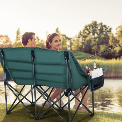 Nice C Double Padded Camping Chair, Oversized Loveseat Camping Chair, Outdoor Camping Couch for Adults, Folding Bench, Lawn Chairs, Extra Padded, with Cup Holder, Cooler Bag, Bottle Opener (Green)