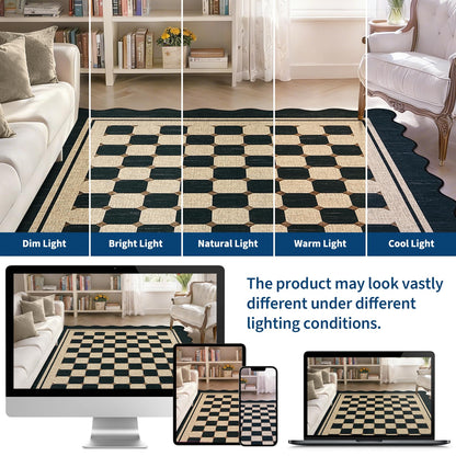 Garvee Easy Jute 9x12 Large Area Rug for Living Room Scalloped Checkered Black Indoor Outdoor Rugs Non Slip Low Pile Patio Outdoor Rugs Washable Carpet for Porch Bedroom Living Room Backyard, 9'x12'
