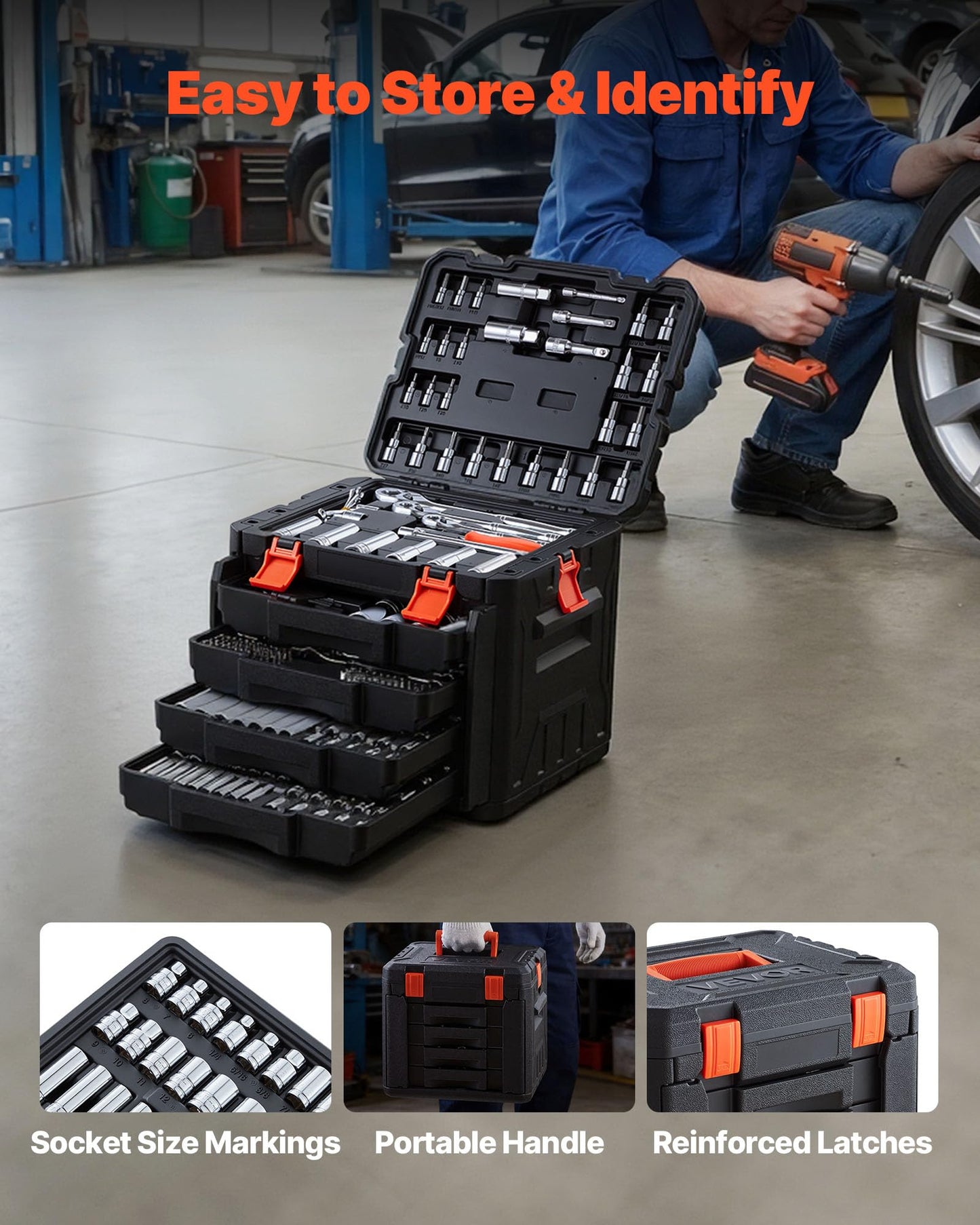 VEVOR Mechanics Tool Set, 297-Piece Mechanic Tool Kit, 1/4 in, 3/8 in, and 1/2 in Drive, SAE and Metric Socket Set, Wrenches, Screwdriver Bits, Accessories, and Storage Case, for Automotive Repair