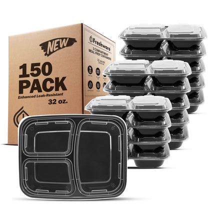 Freshware Meal Prep Containers 3 Compartment with Lids, Food Containers, Lunch Box, Stackable, Bento Box, Microwave/Dishwasher Safe & Meal Prep Containers 2 Compartment, Black